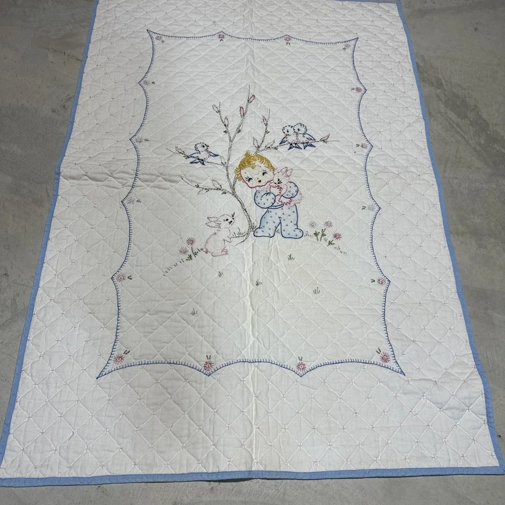 Vintage Handmade Patchwork Bunny Birds Cross Stitched Baby Quilt 29